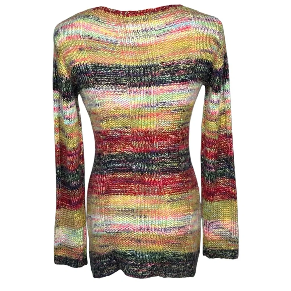 Vtg Y2K Rainbow Striped Tunic Sweater Sz S V Neck Hippie Indie Boho‎